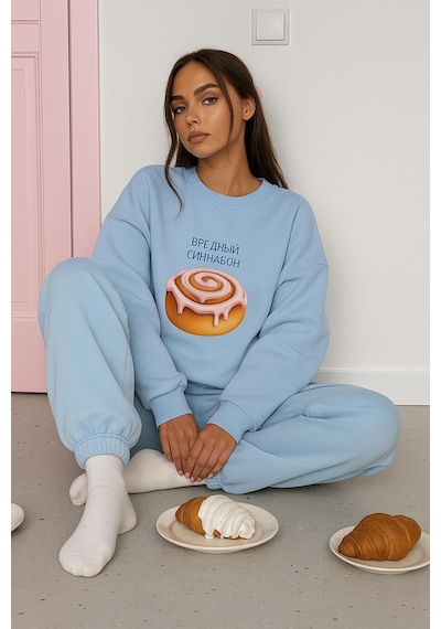 Benroma 3 İplik Penye Pasta Baskılı Unisex Sweatshırt Bebe Mavisi
