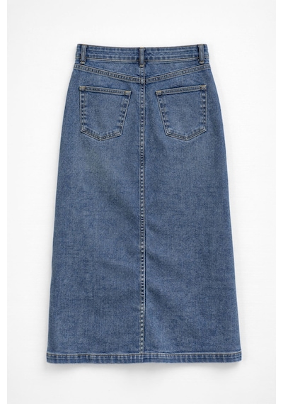 Blue White Önden Düğmeli Yüksek Bel Uzun Mavi Denim Etek