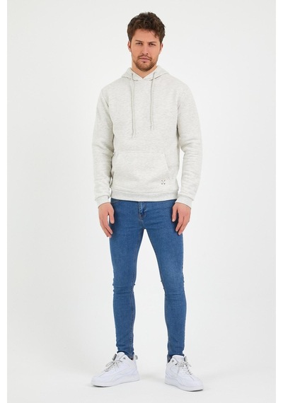 Polostate Erkek Kapüşonlu Kanguru Cep 3 İplik Sweatshirt Kar Melanj