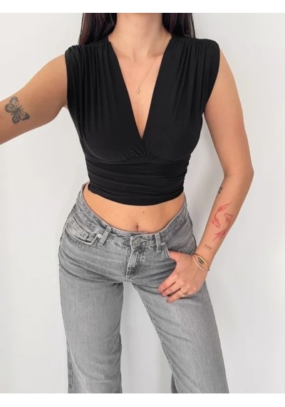 Defymoda Vatkalı Kolsuz V Yaka Drapeli Crop Bluz Likralı Fit - Siyah