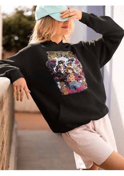Sevbano One Piece Karakterler Monkey D. Luffy Baskılı Unisex Oversize Ani Siyah