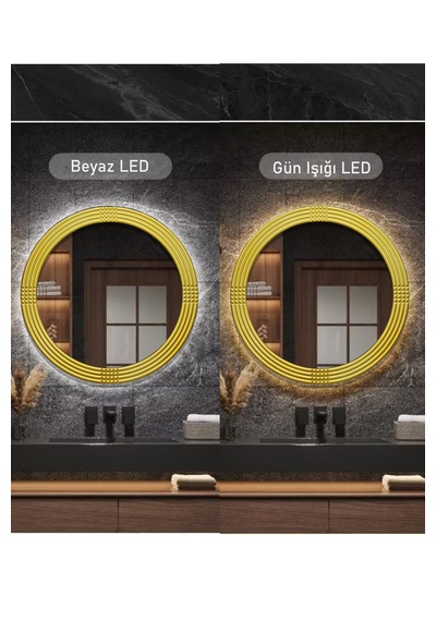 Led Işıklı Safir Altın Dekoratif İşlemeli Banyo Duvar Aynası 56 Cm Altın