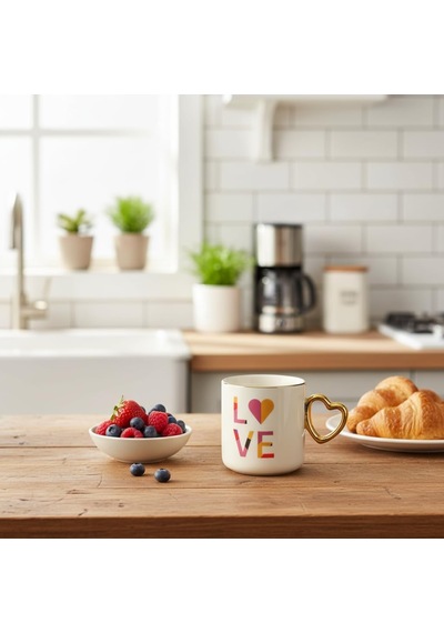 Gold Saplı Porselen Kalp Kupa - 400 Ml Büyük Boy Lüks Tasarım - 4 Farklı Modelden Biri Sürpriz/asorti - Altın Yaldızlı Şık Hediyelik Mug Beyaz - Çok Renkli