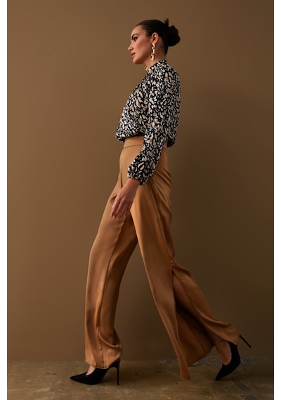 Sateen Yırtmaç Detaylı Saten Pantolon - Camel