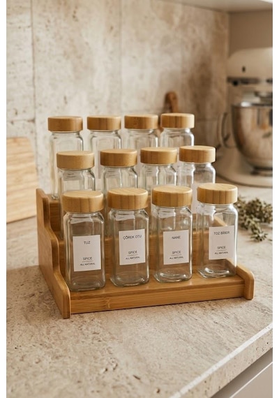 Atbyhome 13 Parça Bambu Standlı Baharatlık Seti - 12 Adet 120 Ml Cam Baharat Takımı Beyaz - Kahverengi