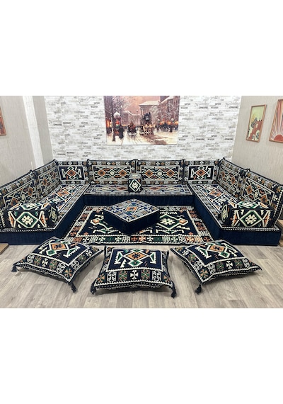Coton Şark Köşesi Otantik Desenli Lüks Minder Takımı Konsept Lacivert