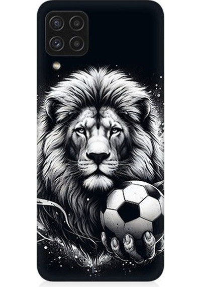 Samsung Galaxy A22 Uyumlu Siyah Beyaz Aslan Ve Futbol Topu Desenli Silikon Kılıf