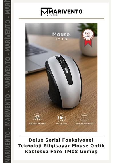 Delux Serisi Fonksiyonel Teknoloji Bilgisayar Mouse Optik Kablosuz Fare Tm08 Gümüş