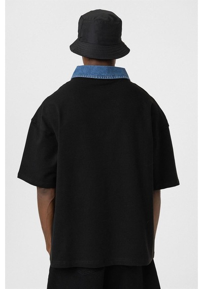 Polo Yaka Yazı Detaylı Oversize Tişört Siyah