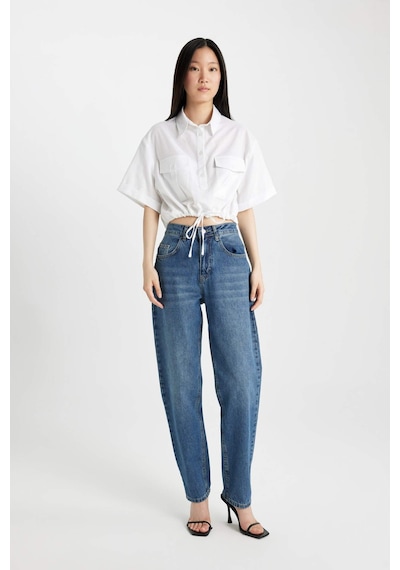 DeFacto Cropped Fit Gömlek Yaka Keten Karışımlı Kısa Kollu Bluz C6812AX24SMWT34