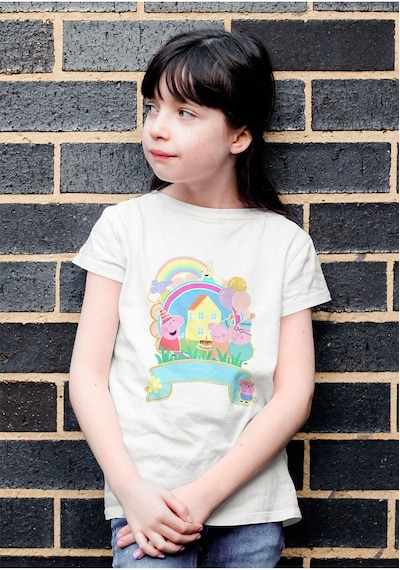 Sevbano Tasarım Peppa Pig Baskılı Unisex Çizgi Film Çocuk Tişört 1-12 Ya Beyaz