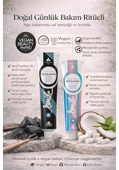 Ben & Anna Vegan Doğal Diş Macunu 2 Li Set Aktif Karbon + Hindistan Cevizi Aromalı Florürlü Diş Minesi Bakımı