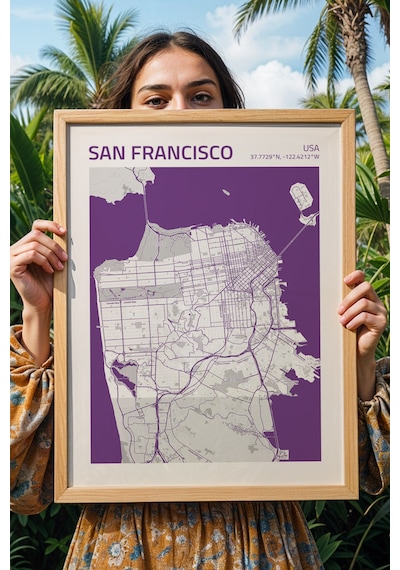San Francisco Abd Haritası Çerçeveli Tablo Lüks Salon Ofis Duvar Dekorasyonu Hediyelik Tablo Kayın