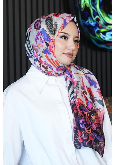 Çiçek Desen Krem Soft Pamuk Şal Violet Çok Renkli