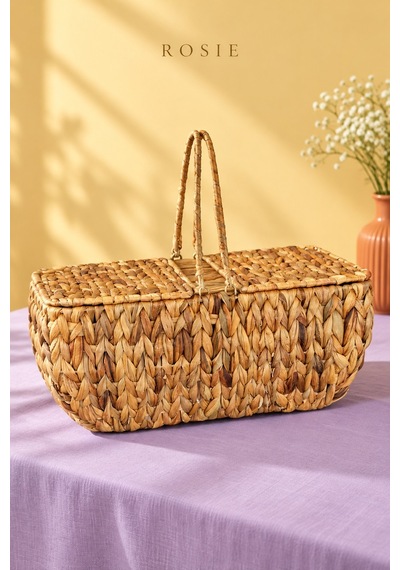 Rosıe 2 Kapaklı Hasır Piknik Sepeti 45 Cm Karışık
