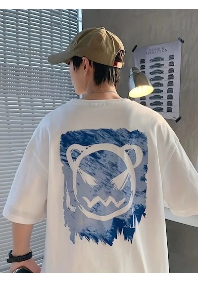 Erkek Tişört Bisiklet Yaka Kore Sevimli Ayı Baskı Kısa Kol T-shirt - Beyaz