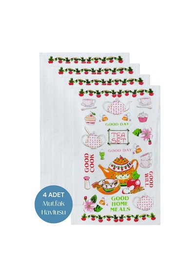 4lü Paket Baskılı Beyaz Mutfak Havlusu Modeli Good Day