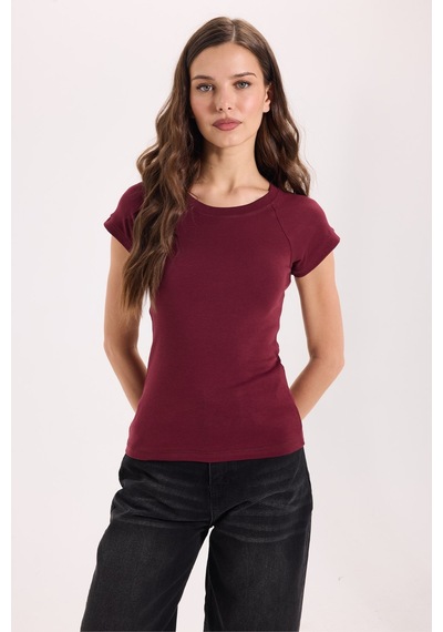 Tudors Kadın Slim Fit Dar Kesim Bisiklet Yaka Reglan Kol %100 Pamuk Bordo Tişört Bluz-51067