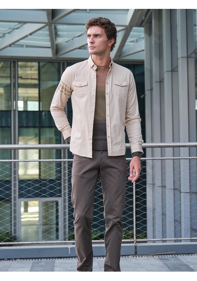 Bej Erkek Gömlek Ön Cepli Çıtçıtlı Kol Ve Manşet Baskılı Slim Fit Yıkamalı Ncs Jeans 7225-bej Bej