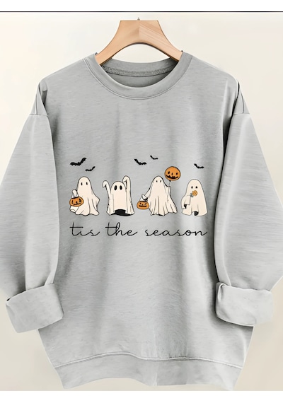 Halloween Tema Kalın Kışlık Sweatshirt - Gri Bisiklet Yaka Oversize Sweatshirt Gri