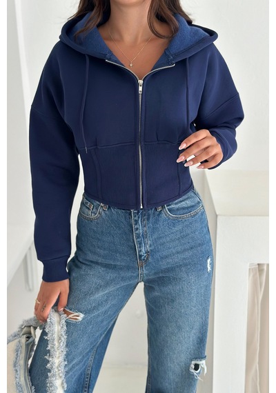 Kadın Siyah Fermuarlı Hoodie Minimal Sokak Ruhuyla Lacivert