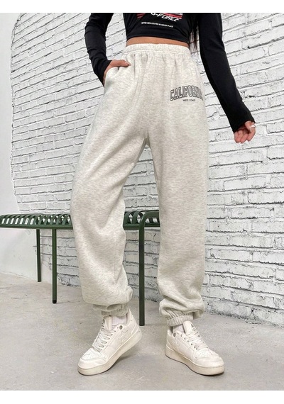 West Coast Eşofman Altı Jogger - Gri Baskılı Lastik Paça Yüksek Bel Gri