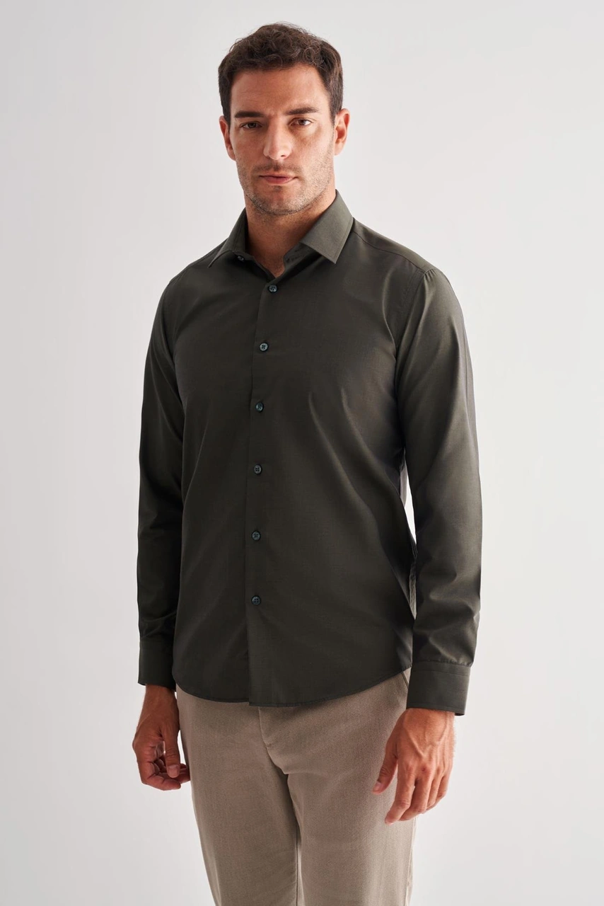 İmza Haki Sert Yaka Filafil Desen Uzun Kol Slim Fit Pamuklu Gömlek 1004255181 Haki