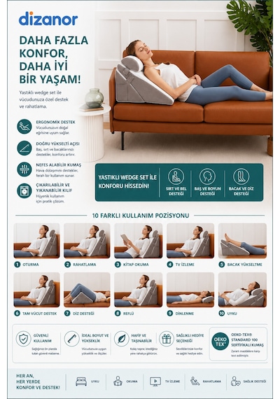 Liferest 10 Kullanımlı Konfor Yastığı, Ayarlanabilir Wedge Destek Minderi -