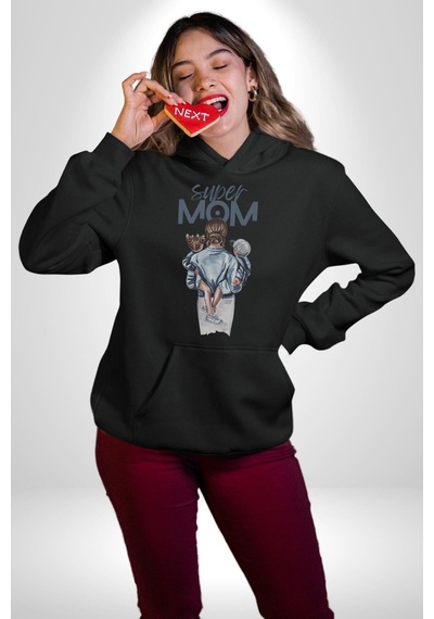Süper Anne Anneler Günü Doğum Hediyesi Kadın Erkek Siyah Kapüşonlu Sweatshirt Hoodie Siyah