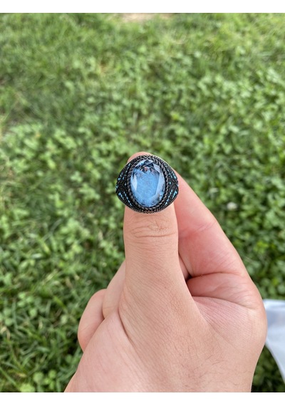 Takılingo 925 Ayar Gümüş Paraiba Taşlı Turkuaz Detaylı Erkek Yüzük Gümüş