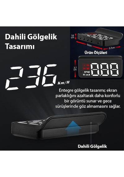 Ally M3 Hud Obd2 Head-up Display Dijital Hız Göstergesi E-obd Ve Gps Destekli Obd Arayüzlü - Alarmlı Ön Cam Ekran Projektör
