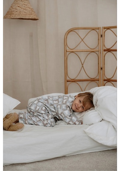Oh La La Koala Kedi Desenli Yaka Detaylı Çocuk Pijama Takımı Sütlü Kahve