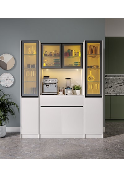 Lotus Maxi Kahve Köşesi Komple Mdf Led Aydınlatmalı Mutfak Kahve Dolabı Beyaz