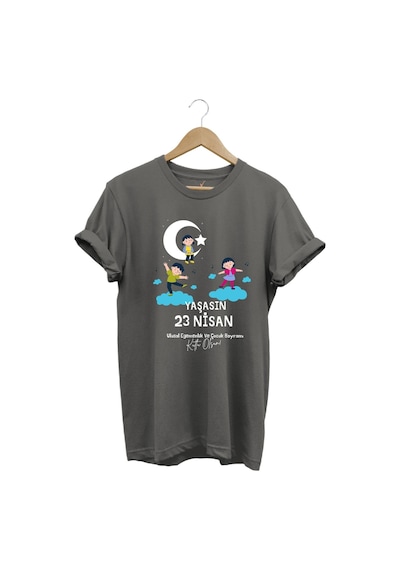23 Nisan Çocuk Bayramı Baskılı %100 Pamuk Regular Fit Bisiklet Yaka Premium Gri T-shirt Gri
