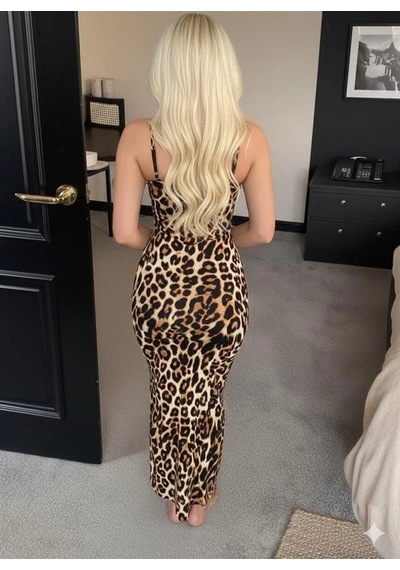 Angbutik Pamuklu Leopar Desenli İnce Askılı Uzun Elbise