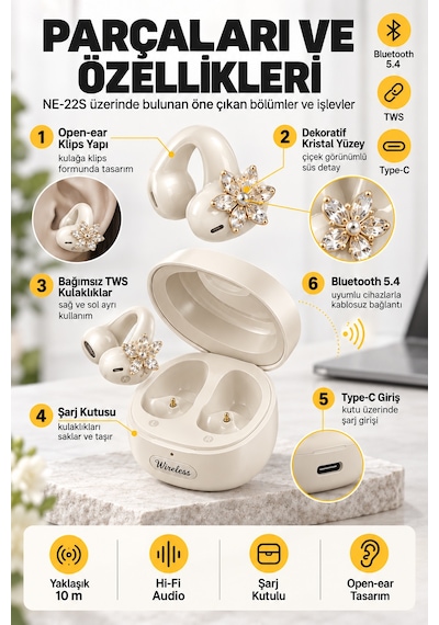 Ne-22s Tws Kablosuz Bluetooth 5.4 Open-ear Klips Küpeli Bayan Kulaklığı - Beyaz