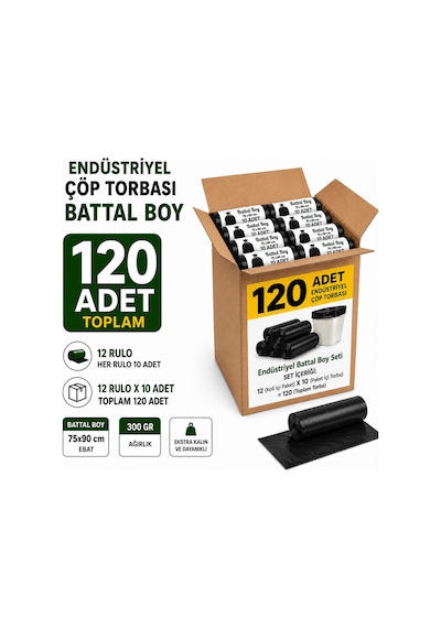 Endüstriyel Battal Boy Çöp Torbası Seti 72x95 Cm Siyah - Koli Içi 120 Adet 12 Rulo X 10 Adet