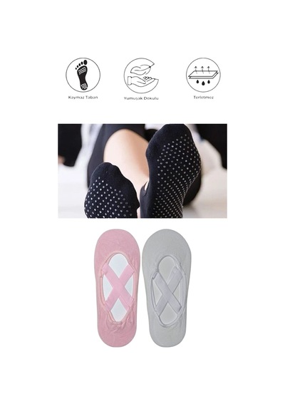 2 Adet Kadın Kaydırmaz Tabanlı Yoga Pilates Fitness Dans Ve Spor Çorabı Pembe - Beyaz