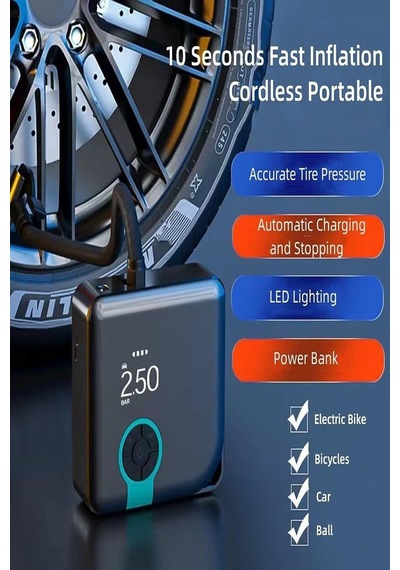 Hava Pompası Şarjlı Taşınabilir Basınç Göstergeli Kompresör Powerbank Lastik Şişirme Pompa Kit Hediy