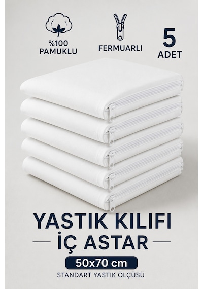 Turuytowel Pamuklu Fermuarlı İç Yastık Kılıfı Beyaz Renkli İç Astar 10'lu Yastık İç Kılıfı 50x 70 Şilte Beyaz 5 Li