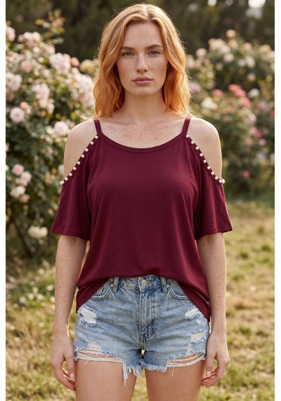 Soulshae İnci Askılı Kısa Kollu Bluz Bordo