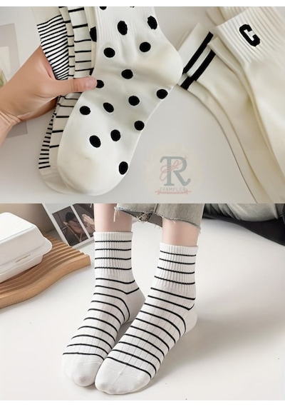 Trampler Sade Çizgili Benekli Unisex Çorap Soket 5 Çift Beyaz Siyah Beyaz