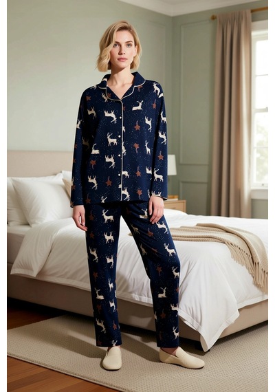 Benerly Kadın Gömlek Yaka Uzun Kol Regular Kalıp Polar Pijama Takımı Fonk lacivert