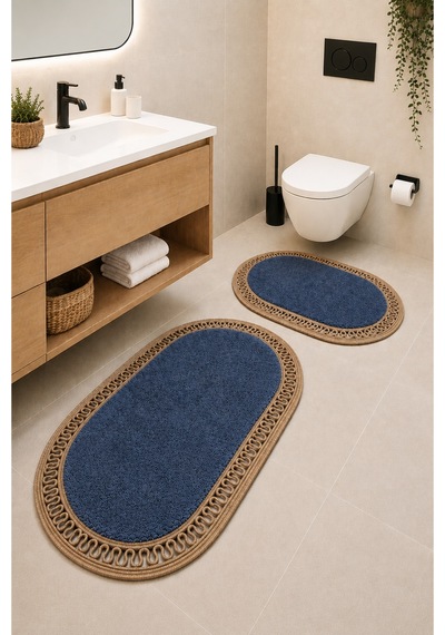 El Yapımı Bohem Banyo Paspası 2'li Pelüş Kaymaz Jel Taban 40x60 Cm Ve 60x100 Cm Mavi
