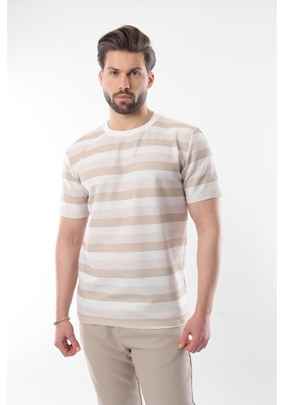 Madmext Bej Bisiklet Yaka Çizgili Erkek T-shirt E7118 Bej