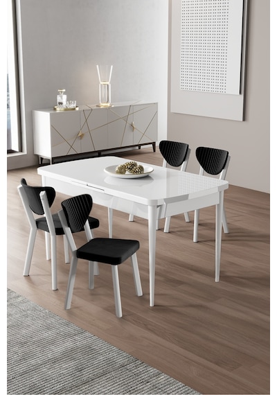 Canisa Exve Serisi 80x132 Açılabilir Beyaz Masa Takımı Ve 4 Siyah Sandalye Beyaz Masa, Siyah Sandalye
