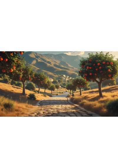 Doğa Ve Manzara Yatay Arnavut Kaldırımlı Yol Meyve Ağaçları, Dağlar 04 Çerçevesiz 90x60cm Pvc Tablo