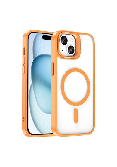 Apple Uyumlu iPhone 14 Kılıf M-safe Şarj Özellikli Standlı Zore M-safe Klon Lensli Kapak Turuncu