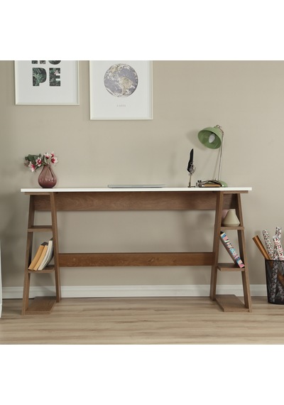 Pasific Home Lungo Raflı Çalışma Masası, Ofis Masası, 60X140 Cm, Koyu Meşe&Beyaz