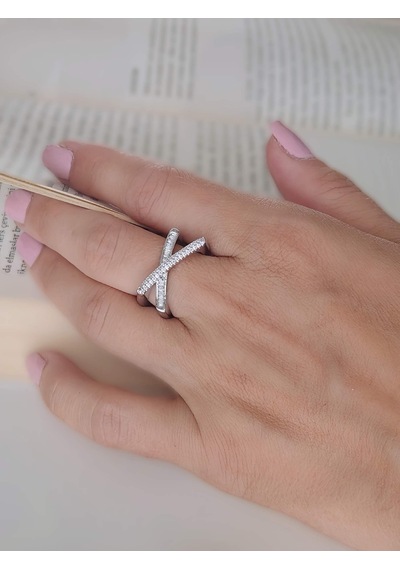 Çarpı X Asimetrik Model Zirkon Taşlı Ayarlanabilir Silver Gümüş Renkli Yüzük Silver